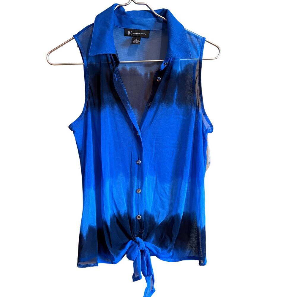 Women's INC Sheer Sleeveless Rhinestone Button Blue Ombre Tie Front Shirt M/P